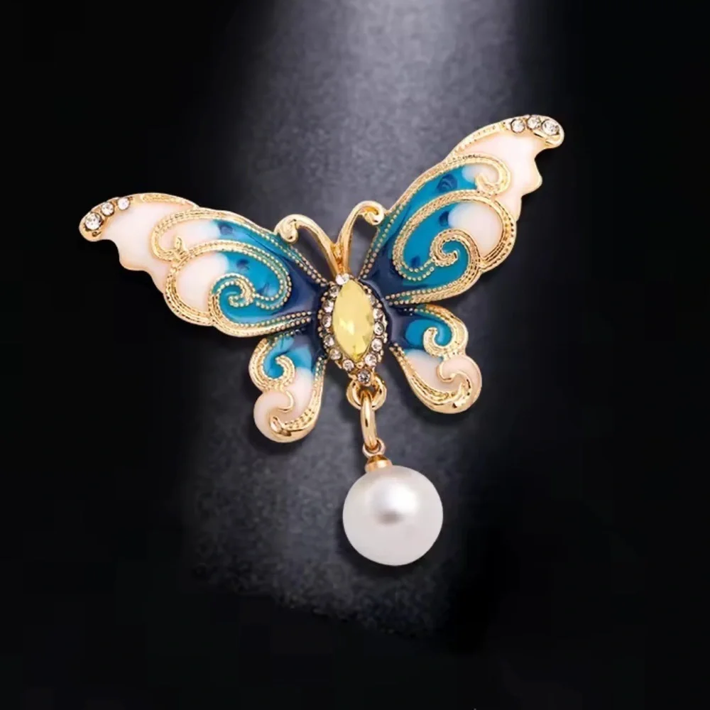 vintage colourful blue and Gold Butterfly Brooch